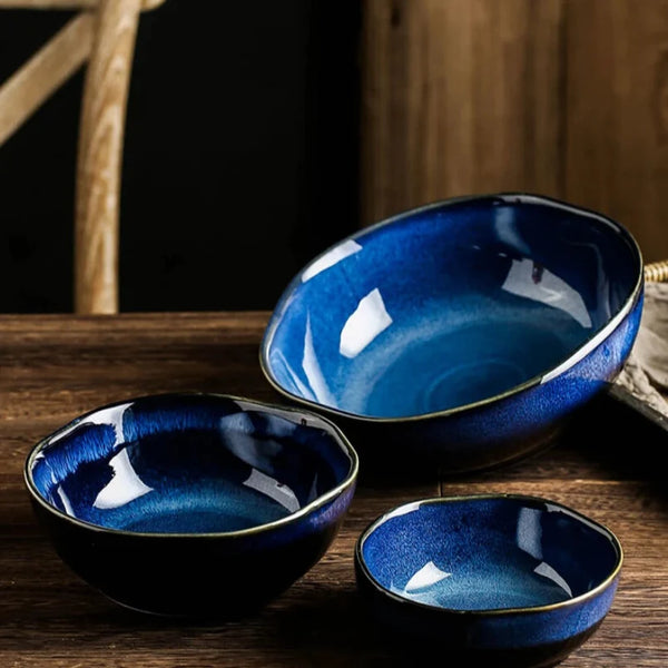 Elegant Deep Blue Glazed Ceramic Dining Bowl For Modern Tabletop