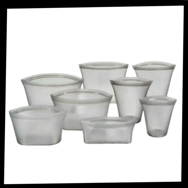 Eight-Pack Reusable Silicone Food Bags Keep Food Fresh, Leakproof Storage