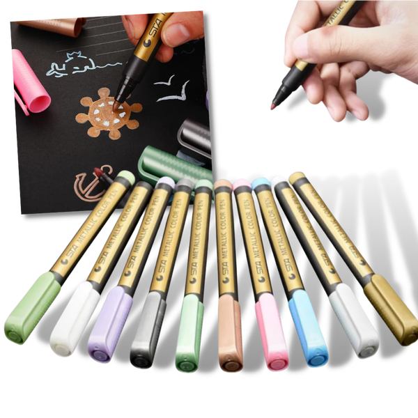 Metallic Colour Markers 10 Pack For Surfaces With Long Lasting Ink