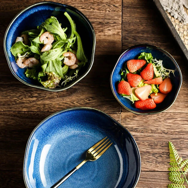 Elegant Deep Blue Glazed Ceramic Dining Bowl For Modern Tabletop