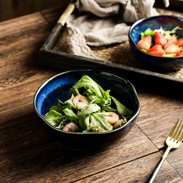 Elegant Deep Blue Glazed Ceramic Dining Bowl For Modern Tabletop