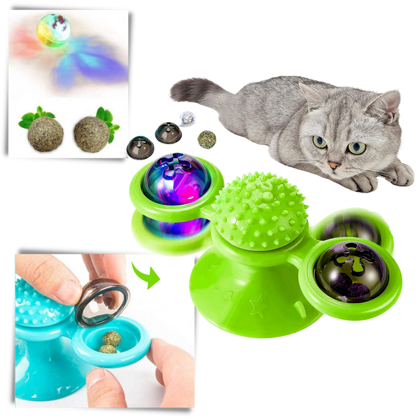 Rotating Windmill Cat Toy With Self Grooming Brush For Active Play