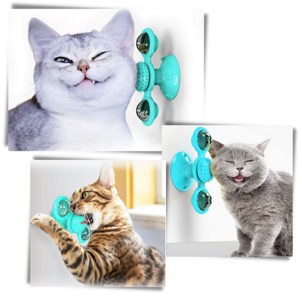 Rotating Windmill Cat Toy With Self Grooming Brush For Active Play