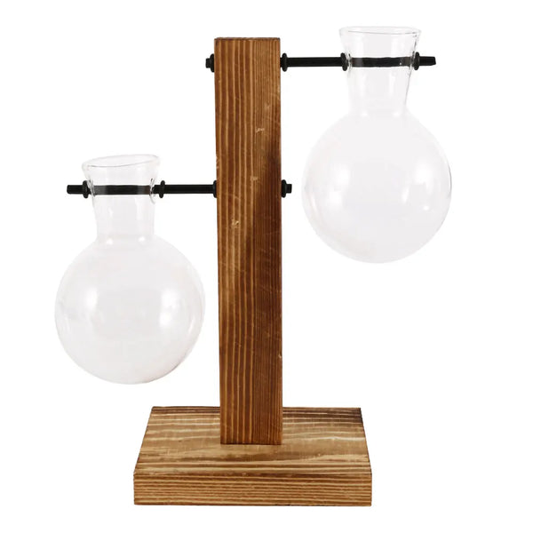 Modern Glass Vase With Wooden Stand For Tabletop Flower Arrangements