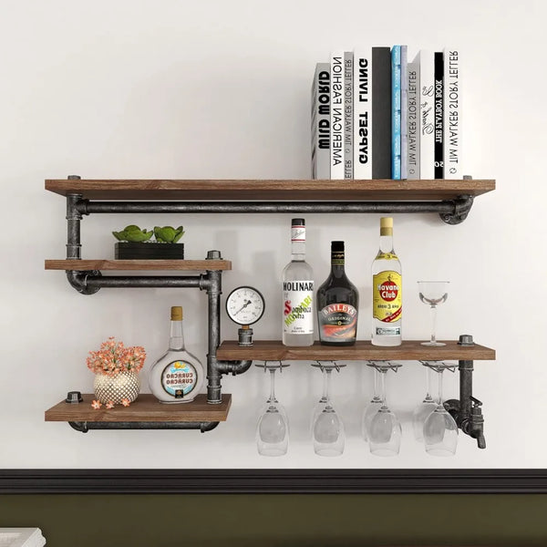 Industrial Floating Bar Shelf Wall Mounted Wood And Metal Rack