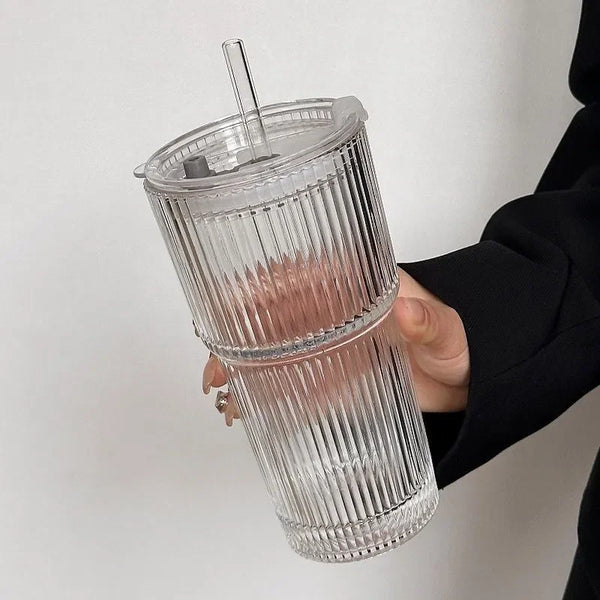 Ribbed Heat Resistant Glass To-Go Cup With Lid And Straw For Coffee