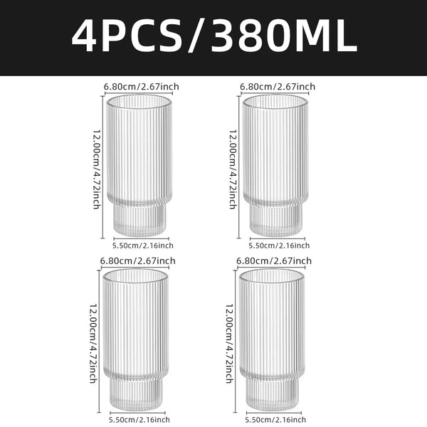 Clear Ribbed Glass Water Juice Cocktail Glasses 4 Piece Set