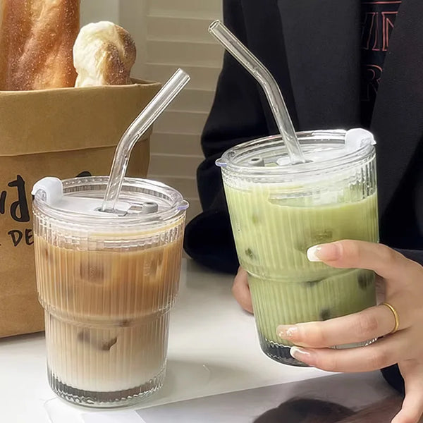 Ribbed Heat Resistant Glass To-Go Cup With Lid And Straw For Coffee