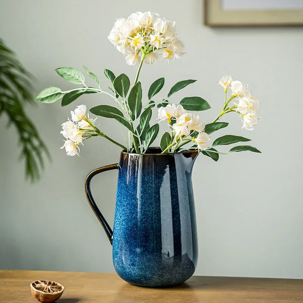 Elegant Blue Ceramic Pitcher Handcrafted Artisan Tableware Decor