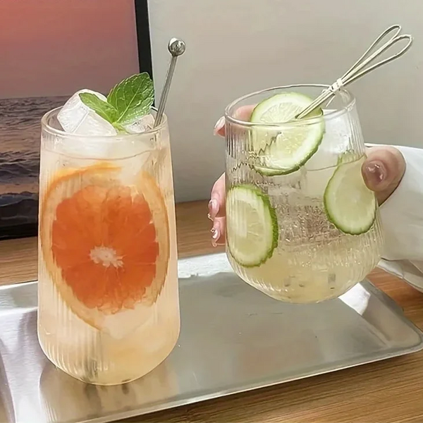 Rounded Ribbed Glass Tumbler Set Four Pieces Textured Water Juice
