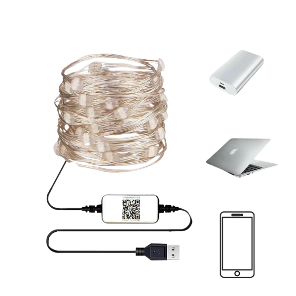 Smart App Controlled LED String Lights With USB Rechargeable Battery