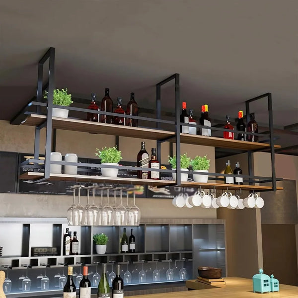 Dual Tier Hanging Bar Shelf Iron Frame Wood Wine Glass Display Rack