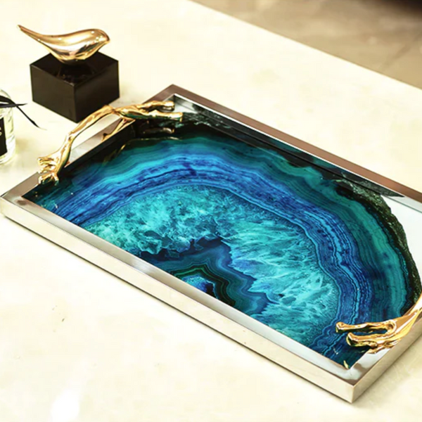 Blue Agate Serving Tray Natural Stone Home Decor Accent Piece