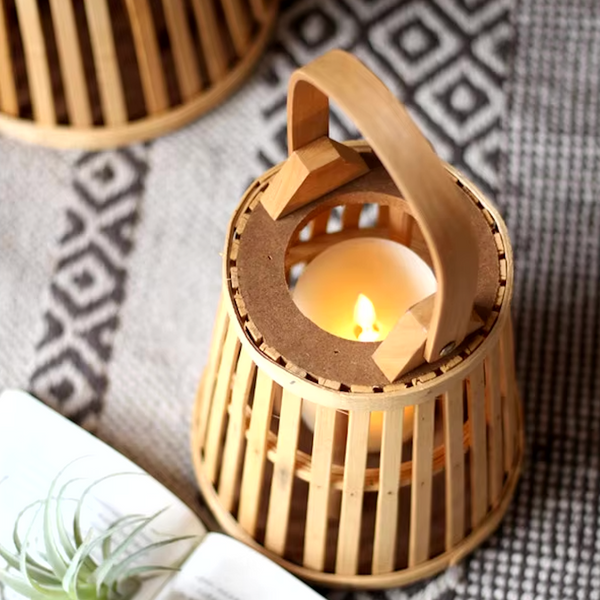 Natural Bamboo Flameless Candle Holder With Realistic Flickering Light