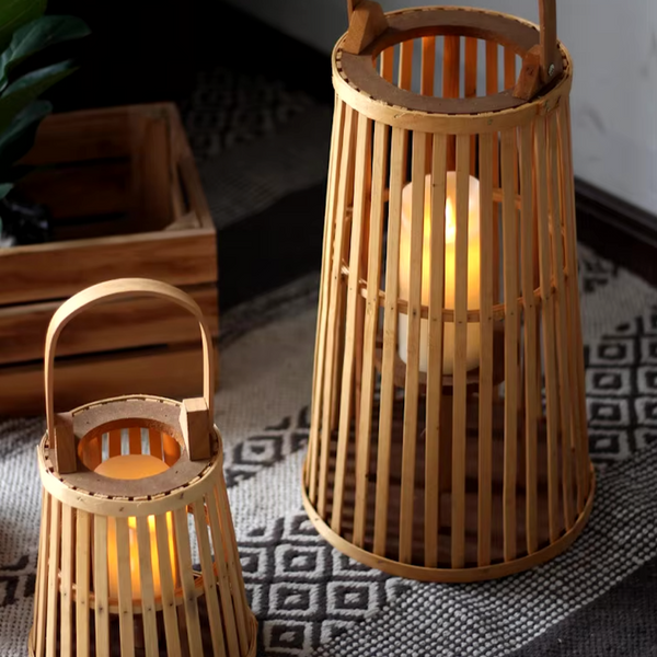 Natural Bamboo Flameless Candle Holder With Realistic Flickering Light