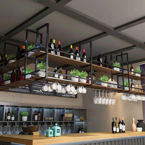 Dual Tier Hanging Bar Shelf Iron Frame Wood Wine Glass Display Rack