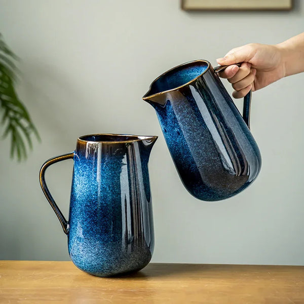 Elegant Blue Ceramic Pitcher Handcrafted Artisan Tableware Decor
