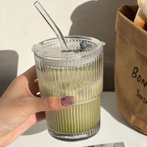 Ribbed Heat Resistant Glass To-Go Cup With Lid And Straw For Coffee