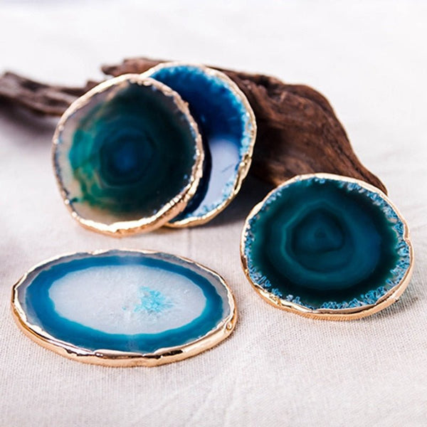 Blue Agate Coaster 2 Piece Set Gold Trim Natural Stone Tabletop Decor