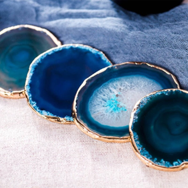 Blue Agate Coaster 2 Piece Set Gold Trim Natural Stone Tabletop Decor
