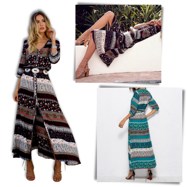 Boho V Neck Maxi Dress With Ethnic Charm And Flowy Silhouette