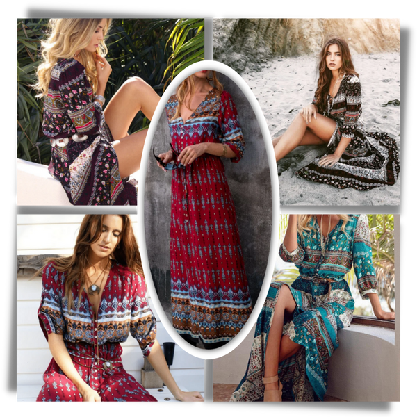 Boho V Neck Maxi Dress With Ethnic Charm And Flowy Silhouette