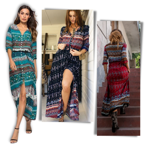 Boho V Neck Maxi Dress With Ethnic Charm And Flowy Silhouette