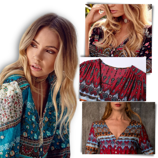 Boho V Neck Maxi Dress With Ethnic Charm And Flowy Silhouette