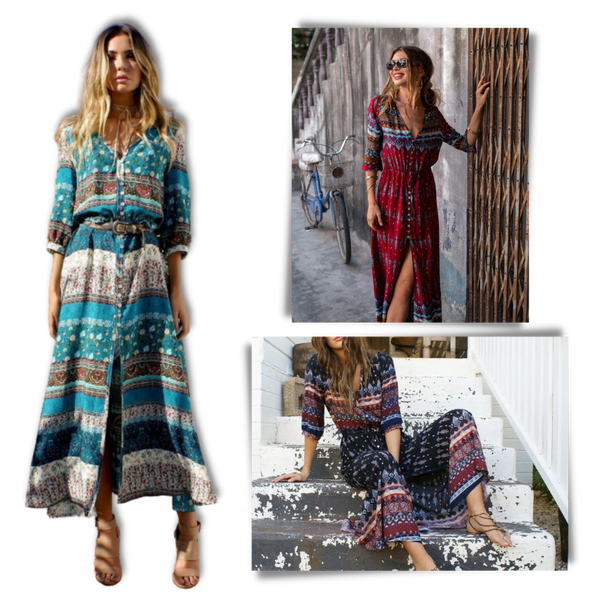 Boho V Neck Maxi Dress With Ethnic Charm And Flowy Silhouette