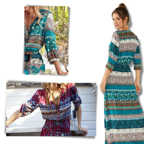 Boho V Neck Maxi Dress With Ethnic Charm And Flowy Silhouette