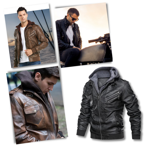 All Weather Brown Leather Motorcycle Jacket With Hood And Adjustable Fit