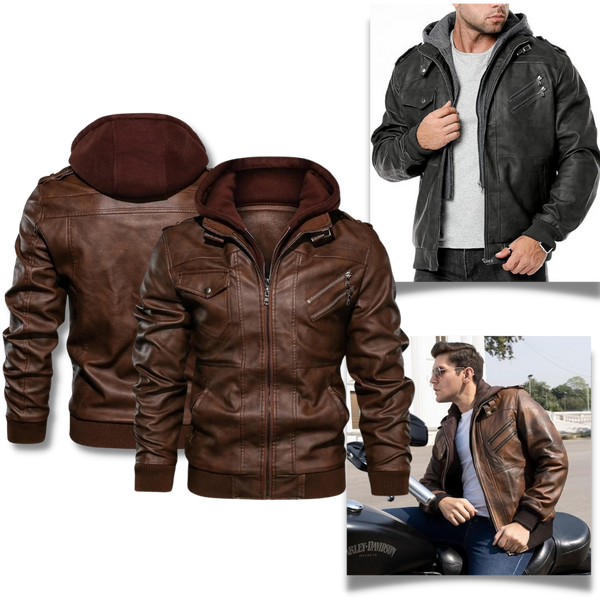 All Weather Brown Leather Motorcycle Jacket With Hood And Adjustable Fit