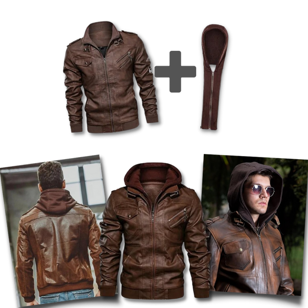 All Weather Brown Leather Motorcycle Jacket With Hood And Adjustable Fit