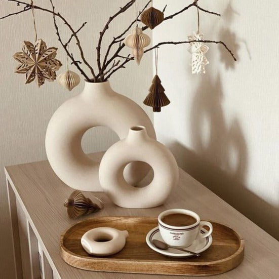 Halo Modern Ceramic Vase 2 Piece Set for Flowers and Home Decor