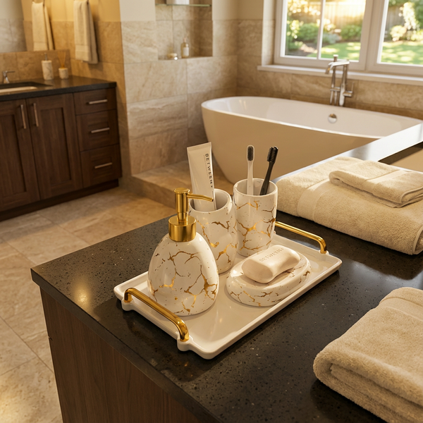 Elegant Marble Look Ceramic 5 Piece Bathroom Accessory Set