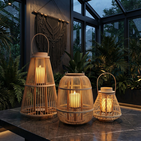 Rustic Rattan Lantern With Flameless Led Candle For Outdoor Patio