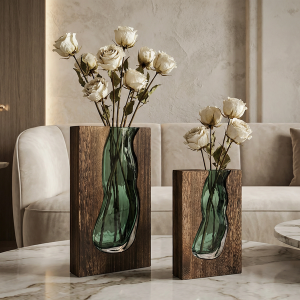 Nordic Live Edge Glass And Wood Floral Centerpiece Vase
