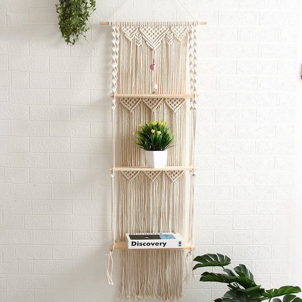 Boho Macrame Floating Wall Shelf Handcrafted Wood For Home Decor