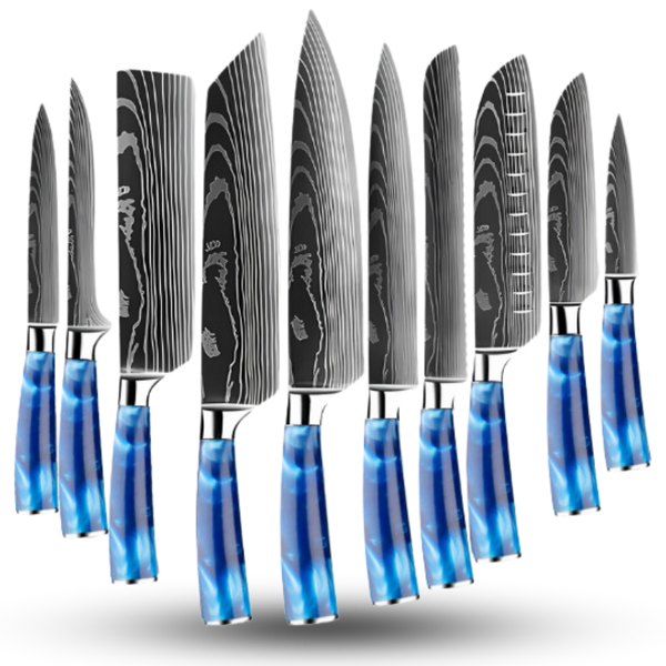 Atlantic Blue Japanese Knife Set With Damascus Design And Razor Sharpness