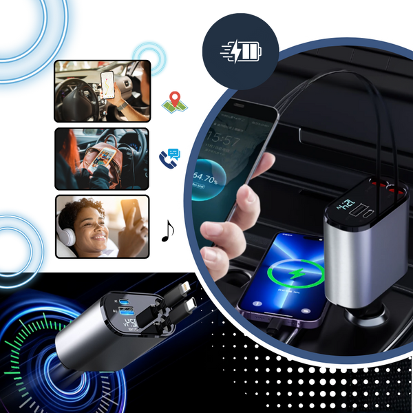 Expandable Car Power Dock With Dual Retractable Cables For Fast Charging