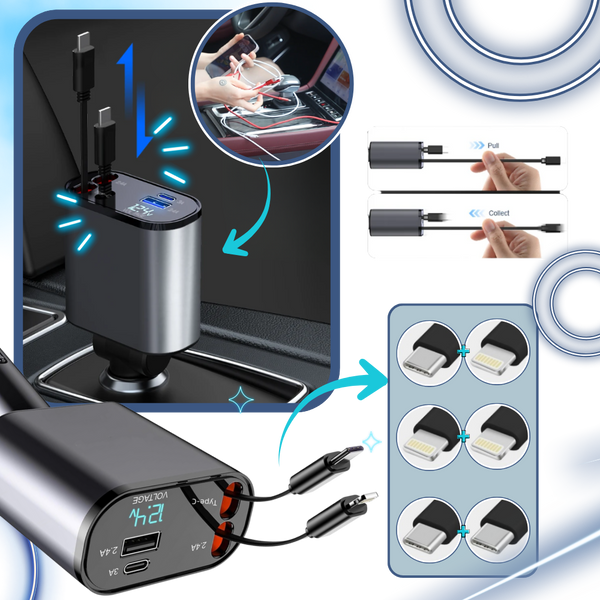 Expandable Car Power Dock With Dual Retractable Cables For Fast Charging