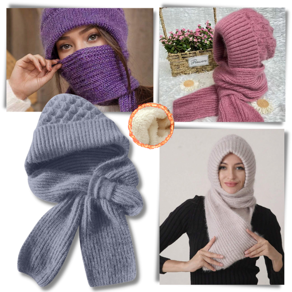 Windproof Knit Hooded Hat With Built In Scarf And Ear Protection