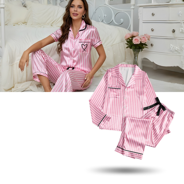 Women's Satin Pajamas Set With Silky Comfort And Front Pocket