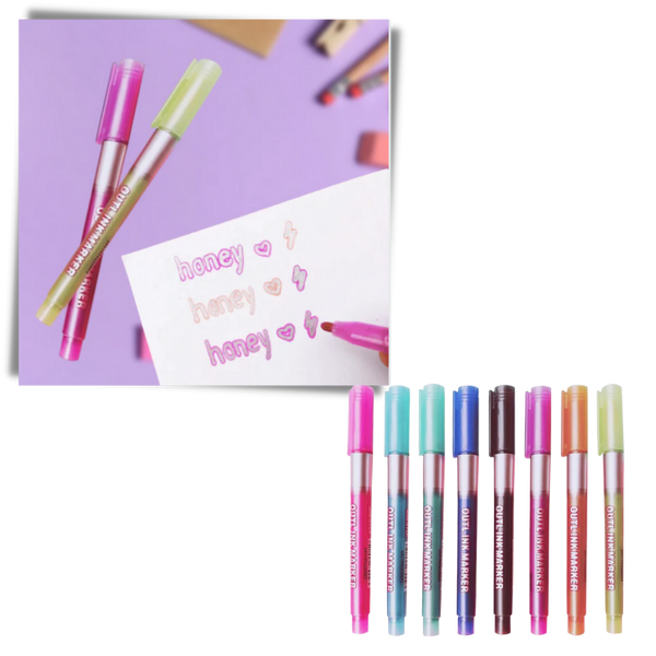Eight-Pack Double-Line Marker Pens for Long-Lasting Colors