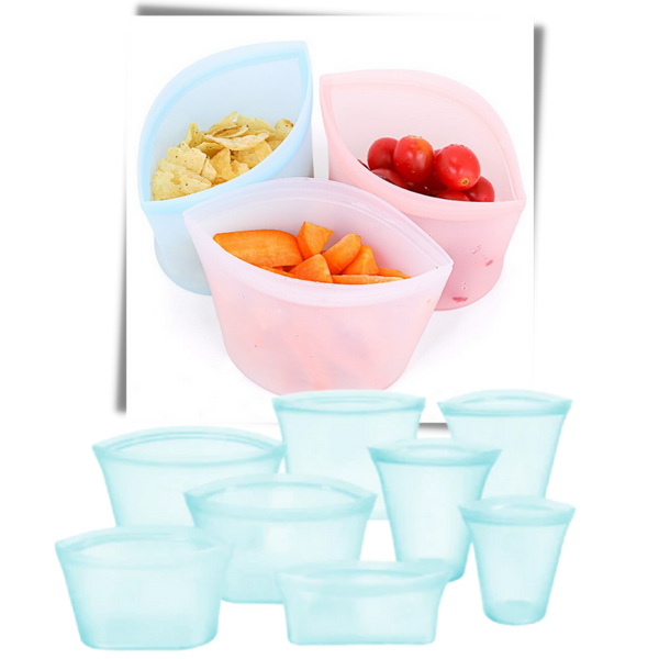 Eight-Pack Reusable Silicone Food Bags Keep Food Fresh, Leakproof Storage