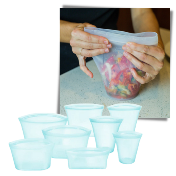 Eight-Pack Reusable Silicone Food Bags Keep Food Fresh, Leakproof Storage
