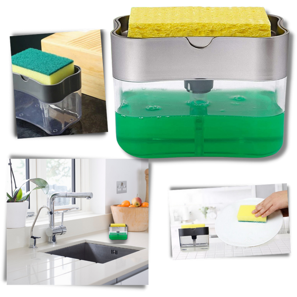 Two In One Detergent Dispenser With Sponge Holder For One Handed Dishwashing