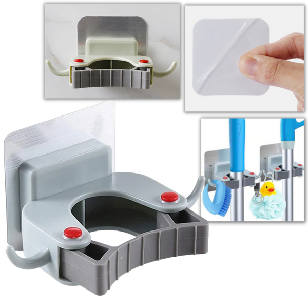 Wall Mounted Broom And Mop Holder With Adhesive Mount For Easy Access