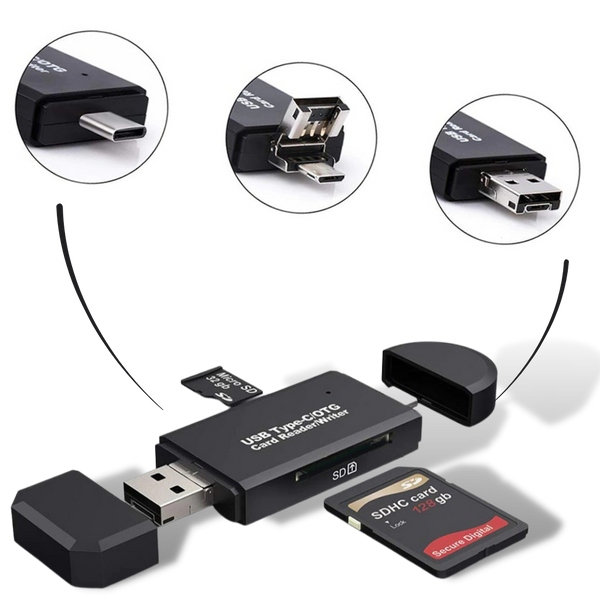 Three In One USB Memory Card Reader For Ultra Fast File Transfer