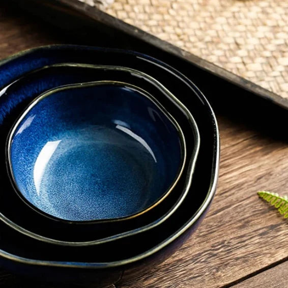 Elegant Deep Blue Glazed Ceramic Dining Bowl For Modern Tabletop